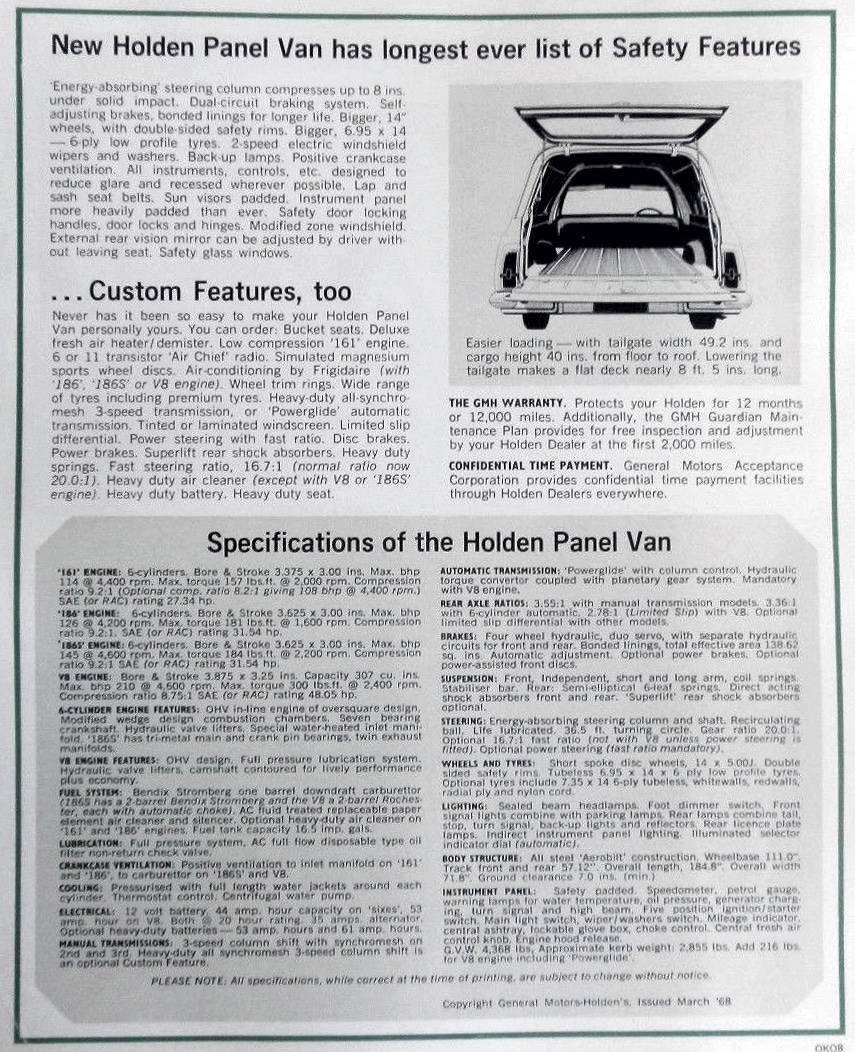 1968 Holden HK Panel Van Brochure Page 2
